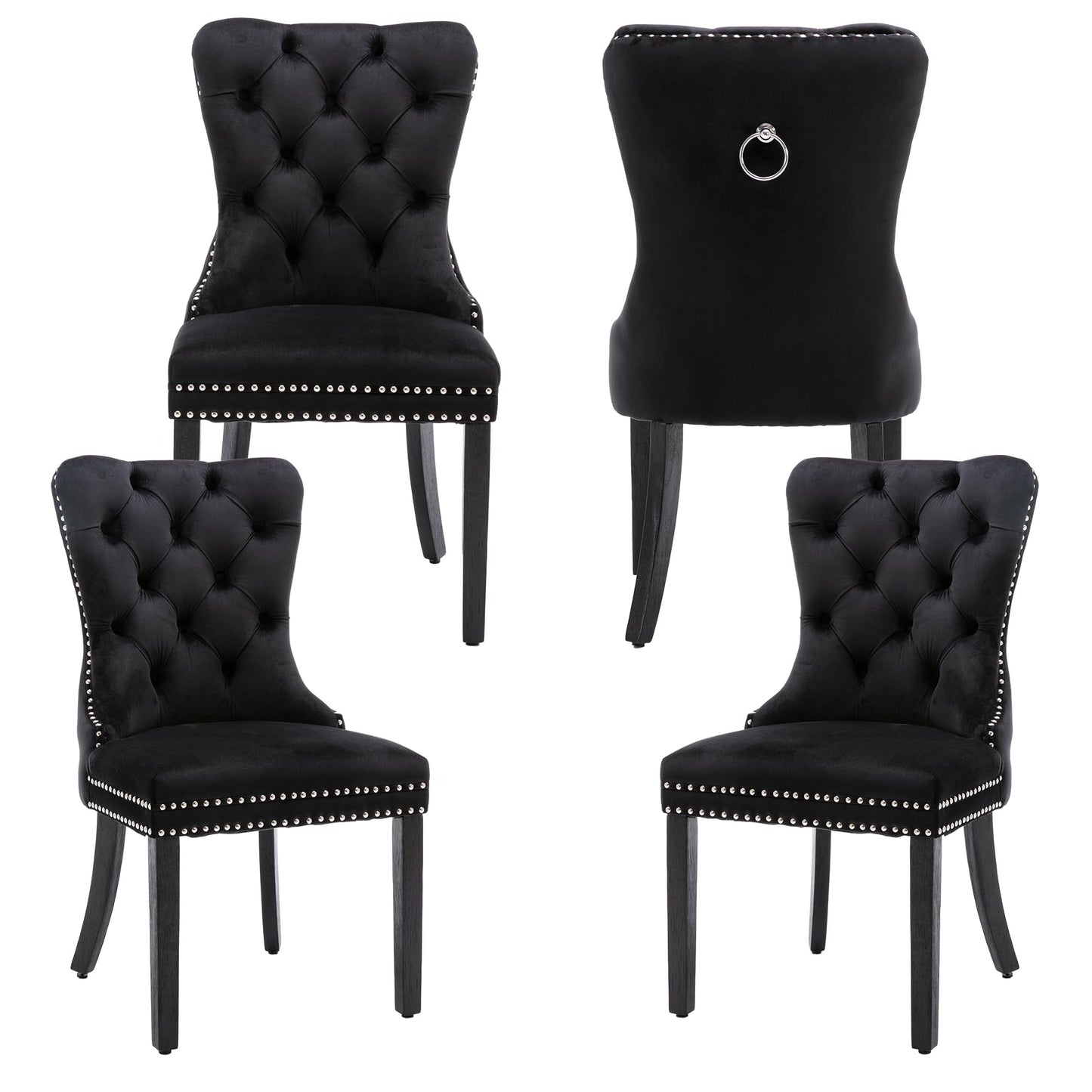 Homedraft Velvet Dining Chairs Set of 4, Nikki Collection Dining Room Chairs with Wood Legs and Pull Ring, Luxury Side Chair with Nailhead Trim and Button Tufted Back, Black