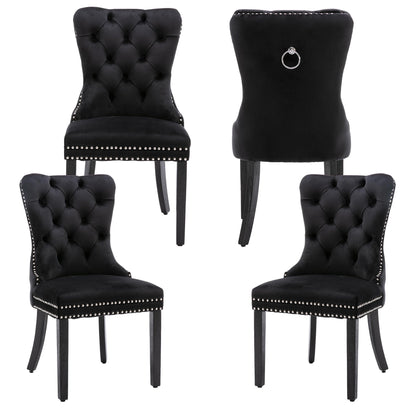 Homedraft Velvet Dining Chairs Set of 4, Nikki Collection Dining Room Chairs with Wood Legs and Pull Ring, Luxury Side Chair with Nailhead Trim and Button Tufted Back, Black