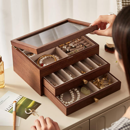 Homruilink Black Walnut Wooden Jewelry Box Women large 3 Layer Drawer Organizer Box with Glass Lid for Necklaces, Watch, Necklace, Ring, Earring Storage, Fathers Day Gift