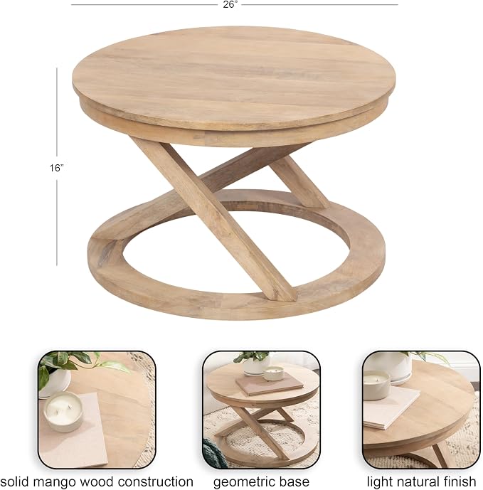 Kate and Laurel Aja Bohemian Round Mango Wood Coffee Table, 26 inch Diameter, Light Natural, Decorative Geometric Modern Coffee Table for Hosting, Storage, and Living Room Decor