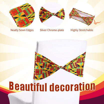 Newwiee 24 Pcs African Kente Chair Sashes Spandex African Kente Chair Covers Animal Print Elastic Chairs Sashes Bow Polyester Bands Ties Without Buckle for Animal Safari Theme Party Birthday Decor