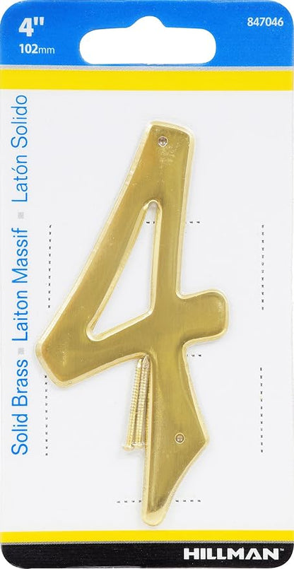 Hillman 847046 4-Inch Nail-On Traditional Solid Brass House Number 4, 1 Count (Pack of 3)