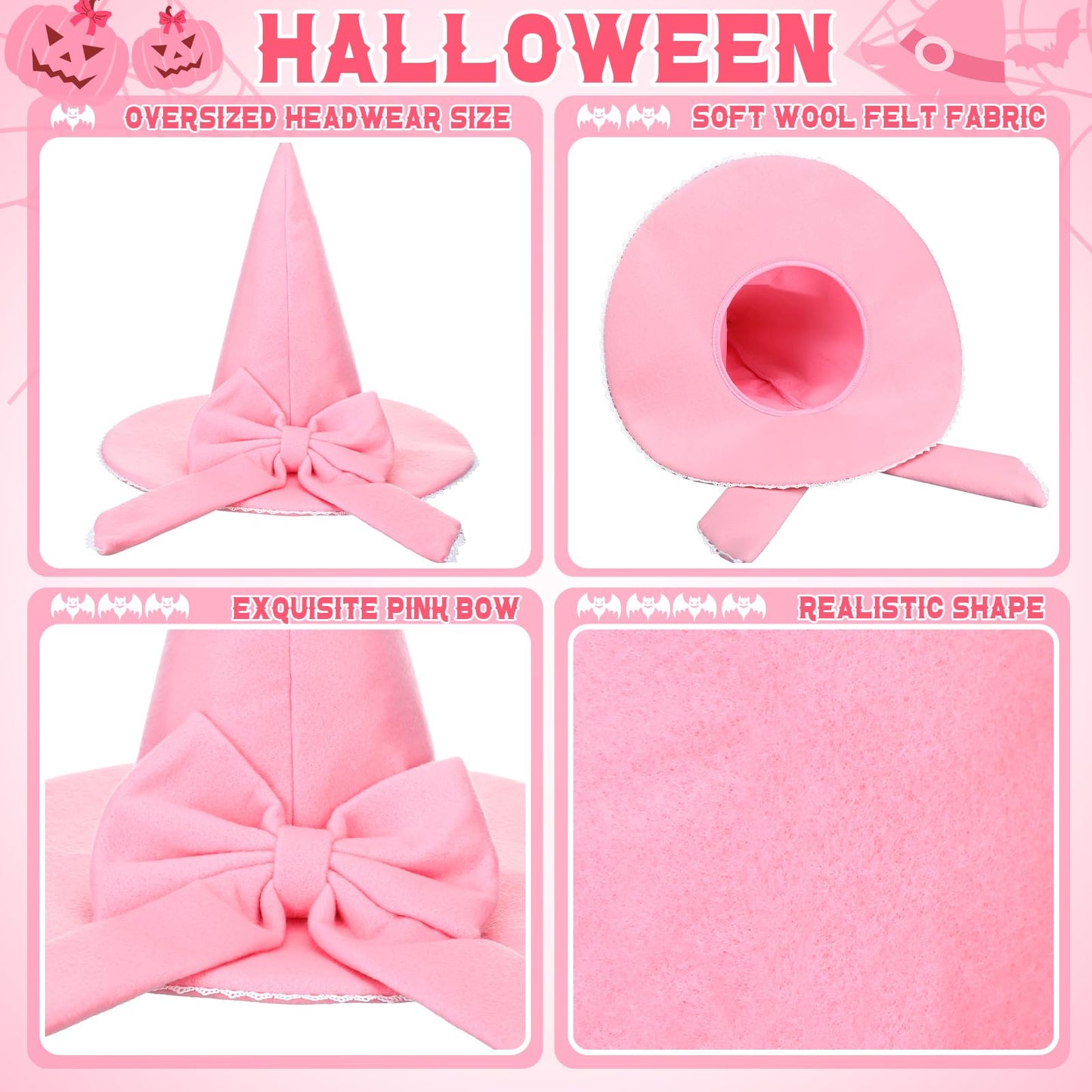 Jamntower Pink Bow Witch Hat Accessories Halloween Coquette Wool Felt Witch Hat for Women Cosplay Masquerade Party Supplies