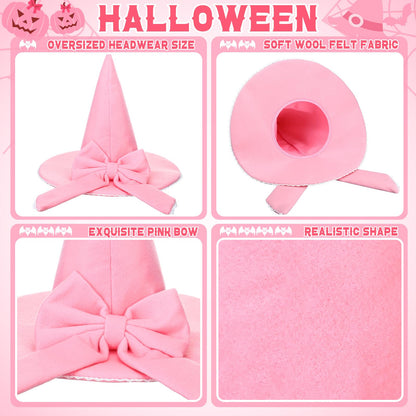 Jamntower Pink Bow Witch Hat Accessories Halloween Coquette Wool Felt Witch Hat for Women Cosplay Masquerade Party Supplies