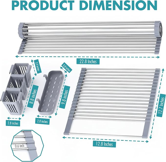 Havenity™ Expandable Roll Up Dish Drying Rack for Small Sinks - Expandable 12.8 to 22.8 Inch Over Sink Rack, Fits Apartments, RVs and Office Kitchens, Stainless Steel, 2 Baskets