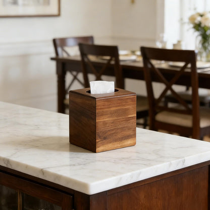 KALEKAIL Acacia Wood Tissue Box Cover，Tissue Box Cover Square, Decorative Cube Facial Wooden Tissue Box Holder with Slide-Out Bottom for Bathroom, Bedroom, Dinner Table, Office, Kitchen