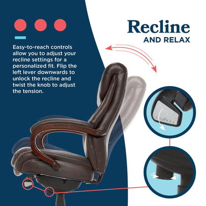 La-Z-Boy® Bellamy Executive Office Chair with Memory Foam Cushions, Real Wood Arms and Swivel Base, Waterfall Seat Edge, Faux Bonded Leather, Brown
