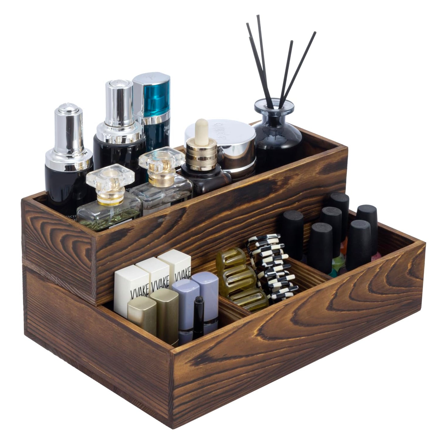 MyGift Counter Storage Organizer, 2 Tier Rustic Burnt Solid Wood Stackable Modular Vanity Countertop Storage Organizer Trays, Decorative Bathroom Makeup Cosmetic Box, 2 Piece Set