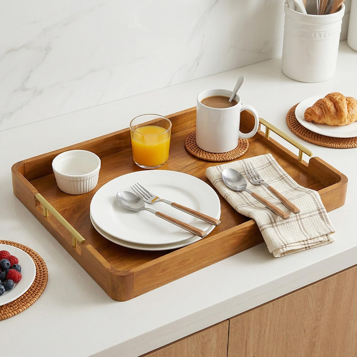 Fopeat Solid Teak Wood Serving Tray with Handles, 20"x14"x2" Large Ottoman Tray for Living Room Kitchen Party, Decorative Rustic Rectangular Tray for Home Coffee Table Breakfast Dinner Bar