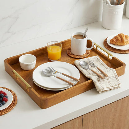 Fopeat Solid Teak Wood Serving Tray with Handles, 20"x14"x2" Large Ottoman Tray for Living Room Kitchen Party, Decorative Rustic Rectangular Tray for Home Coffee Table Breakfast Dinner Bar