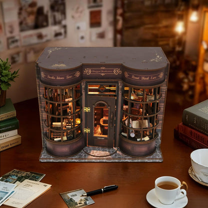 Hoggor Bookstore Book Nook Kit with LED Light, DIY Miniature House Kit, 3D Wooden Puzzle Bookshelf Decor Diorama Building Kit, Christmas Birthday Gifts for Family, Friends