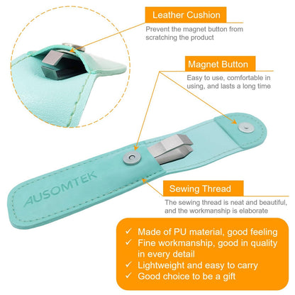AUSOMTEK Beard & Hair Plucking Tweezers, Fine Eyebrow Tool, Stainless Steel, 10mm Tip, Anti-Slip Slot Design, Cyan PU Case
