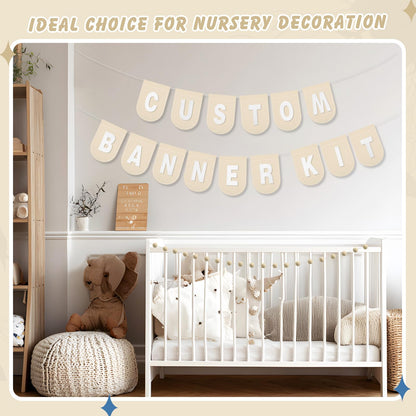 Hahafelt 125 Pcs Make Your Own Banner Kit Personalized Handmade Name Scallop Felt Banner for Baby Nurseries Kids Rooms Decor, Custom Banners for Birthday Wedding Baby Shower(Khaki)