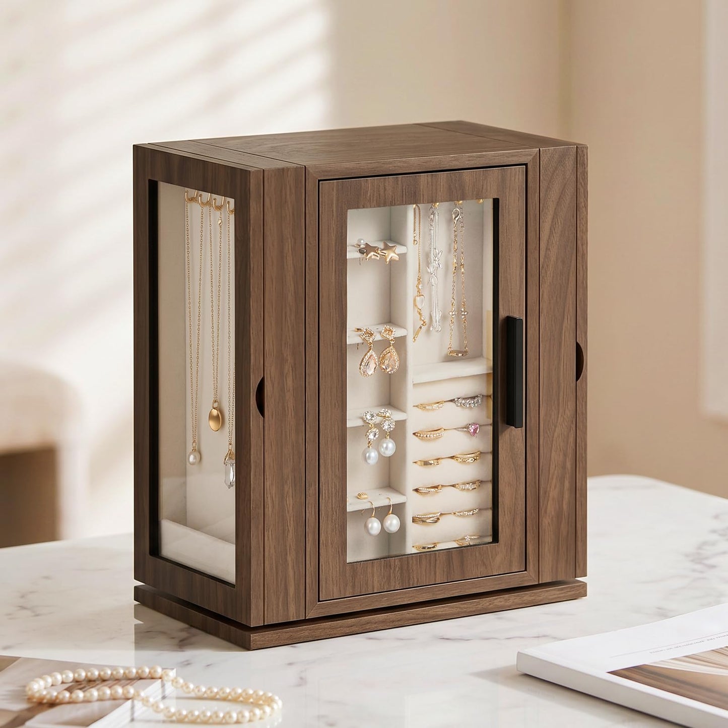 HOOBRO Jewelry Box for Women, Wooden Jewelry Organizer with Transparent Window and 360° Rotating Jewelry Box, Wooden Jewelry Organizer Bundle, BH09JB04-BH30JB04