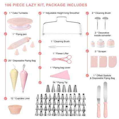 FGASIDYO 107PCS Cake Decorating Kit Includes Revolving cake turntable for decorating, Icing Bags and Tips Set, 2 Spatulas, 3 Cake Scraper, 25 Piping Bags, frosting piping kit, and 3 Coupler for Baking