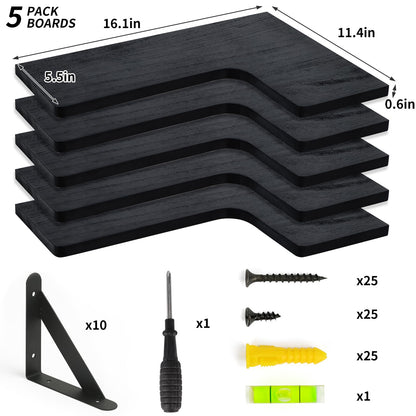 Fixwal Corner Shelves Wall Mounted Set of 5, Floating Shelves for Wall Bathroom, Kitchen, Bedroom, Home Decor, Laundry Room, Living Room (Black)