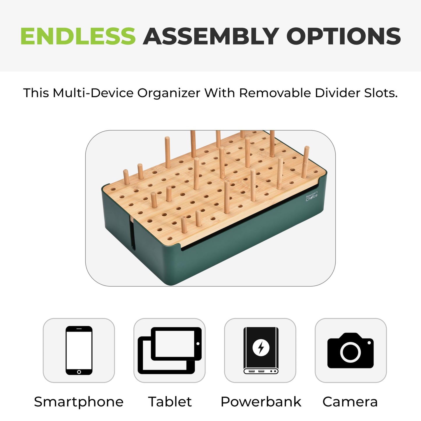 Prosumer's Choice Natural Bamboo Charging Station Rack for Smartphones and Tablets (Metal & Bamboo, Green)