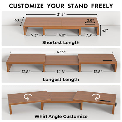 BONTEC Dual Monitor Stand Riser with Smartphone Holder, Adjustable Length & Swivel Angle, Ergonomic Wooden Desktop Organizer for PC Monitor, Laptop, Printer, Large Storage, Walnut
