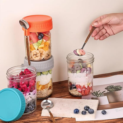 6 Pack Overnight Oats Containers with Lids and Spoons, 16 OZ Glass Oatmeal Container With Measurement Marks for Chia Pudding, Yogurt, Breakfast, Airtight Leak Proof, Clear