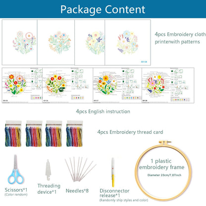 Zhenqing 4-Piece Floral Embroidery Kit for Beginners - Complete Set with Sunflower, Daisy Designs & Pre-Printed 29x29cm Cotton Fabric, Hoop, Threads & Tools(C0166)