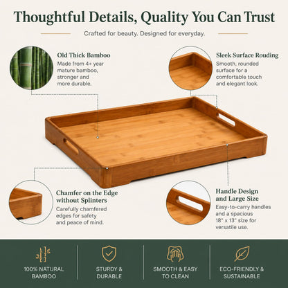 Bamber Large Bamboo Serving Tray Decorative Coffee Tea Platter 18 x 13 x 1.2 Inches