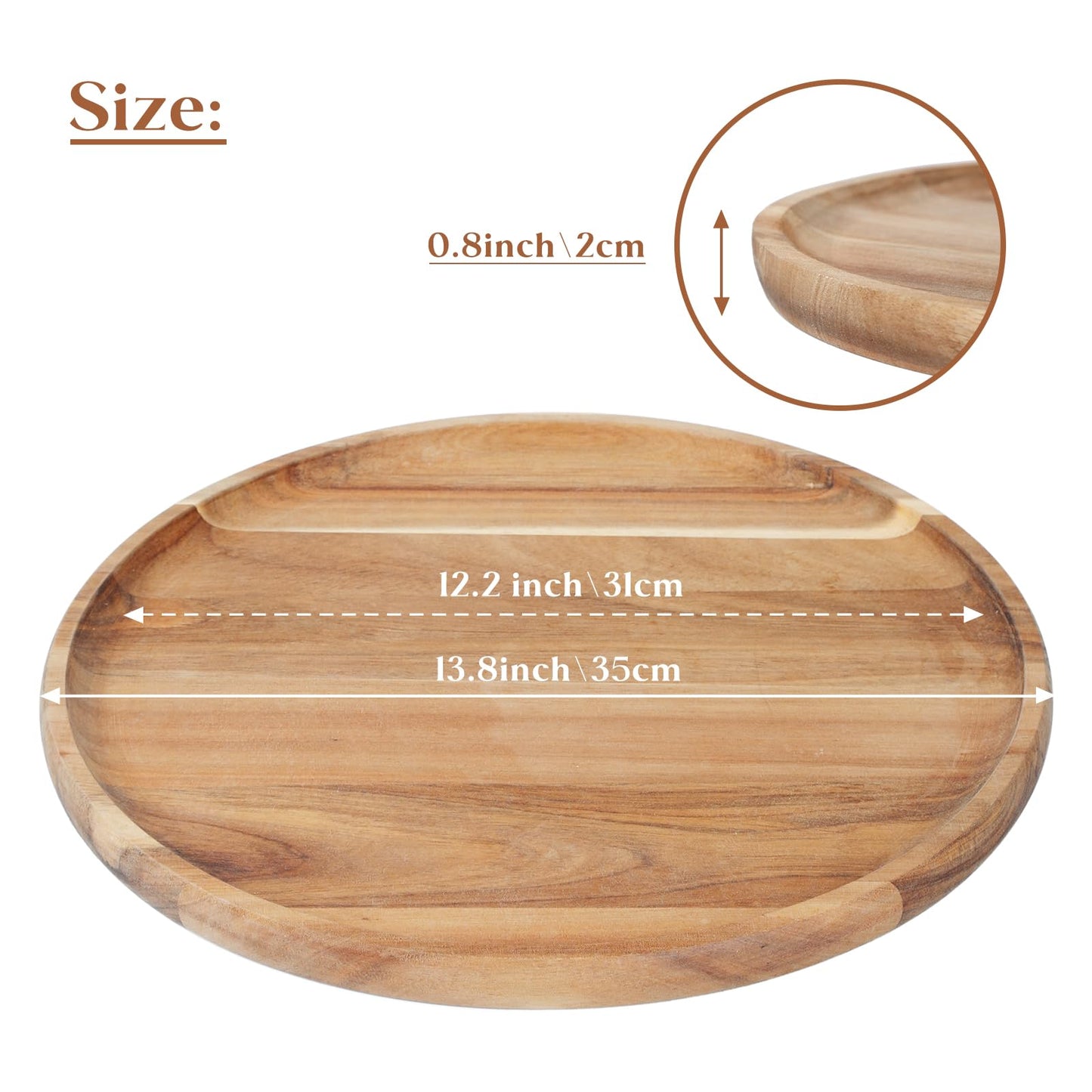 YANGQIHOME Round Wood Tray, Acacia Wooden Serving Tray, Serving Platter, Appetizer Charcuterie Board, Tray Organizer for Kitchen/Countertop, 13.8 x 13.8 x 0.8 inch