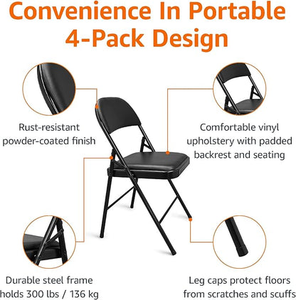 Amazon Basics Comfortable Vinyl-Padded Metal Steel Folding Chairs for Events, Easy to Fold and Store, Black, 4-Pack