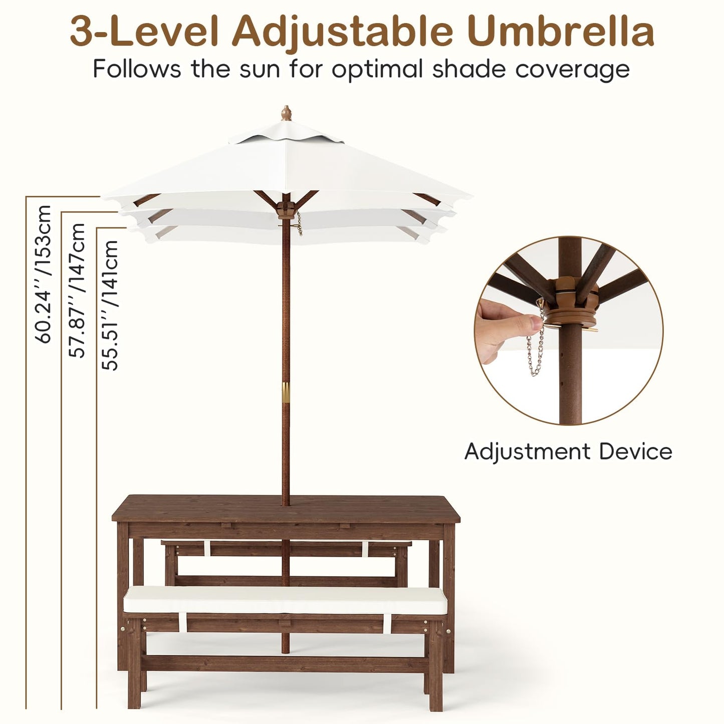Olakids Kids Picnic Table, Outdoor Wooden Bench Set with Removable Cushions Adjustable Foldable Umbrella, Toddler Backyard Furniture for Patio Garden