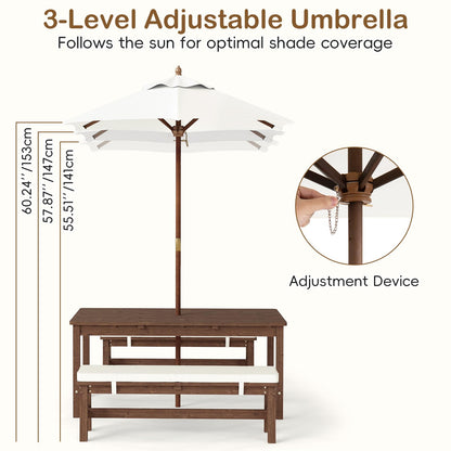 Olakids Kids Picnic Table, Outdoor Wooden Bench Set with Removable Cushions Adjustable Foldable Umbrella, Toddler Backyard Furniture for Patio Garden