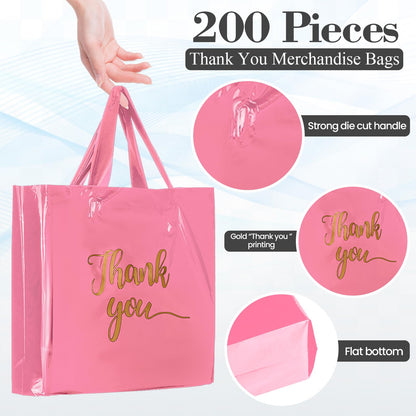 Teling 200 Pcs Thanks Bags with Handle Bulk Thank You Merchandise Bags 3 Size Plastic Packet Retail Shopping Package for Boutique 9 x 12'', 12 x 15'', 15 x 18'' (Pink, Green, Yellow)