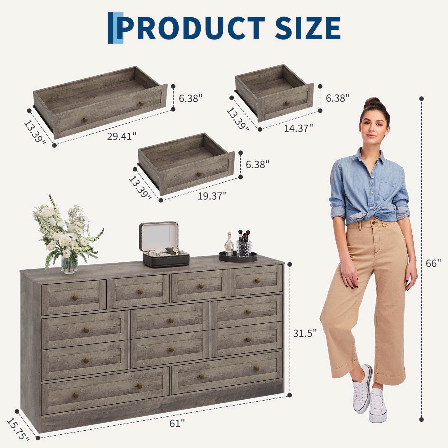 GarveeHome 12 Drawer Wooden Dressers for Bedroom, Wood TV Stand Dresser for 65 Inch TV, Modern Wood Chest of Drawers Clothes Storage Organizer for Living Room, Closet, Hallway, 61" L × 15.75" W
