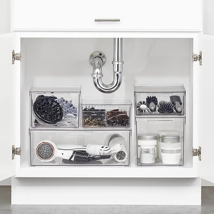 mDesign Plastic Stackable Bathroom Storage with Pull Out Bin Organizer Drawer for Cabinet, Vanity, Shelf, Cupboard, Cabinet, or Closet Organization - Lumiere Collection - 8 Pack - Clear