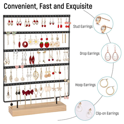 shidaishiye Earring Holder Organizer, 5-Tier Earring Organizer with 60-Pair Capacity, Wooden Base Metal Earring Display, Jewelry Storage & Display for Home Store, Suitable for Women