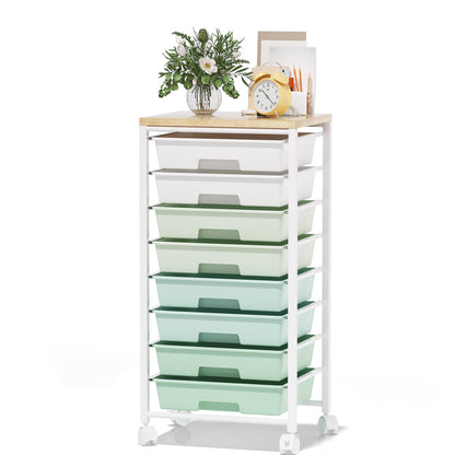 Rolling Cart with 8 Drawers, Storage Drawers Cart with Wooden Tabletop and Lockable Wheels, Craft Storage for Living Room, Office, Classroom, Craft Room, Bedroom