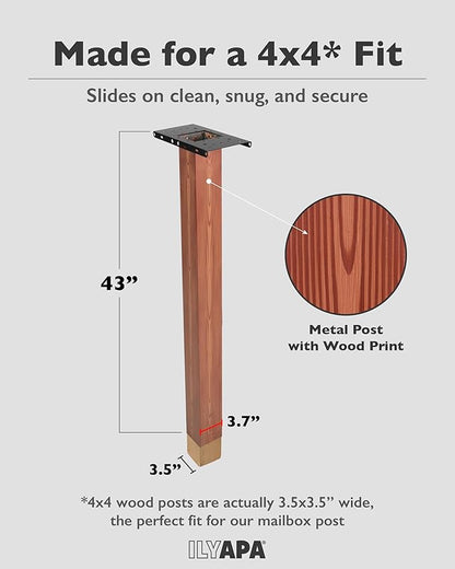Ilyapa Metal Mailbox Post for Outside, 43x4x4 inch Wood Print Metal Post Sleeve with Two Universal Mounting Plate Brackets for Decorative Residential Mailboxes, Heavy Duty