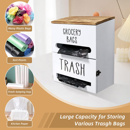 Liuceny 2 in 1 Trash Bag Dispenser, Double Wall Mounted,Wood Trash Bag Holder, used in kitchen, garage, laundry room, can store Environmentally friendly food bags and garbage bags (White)