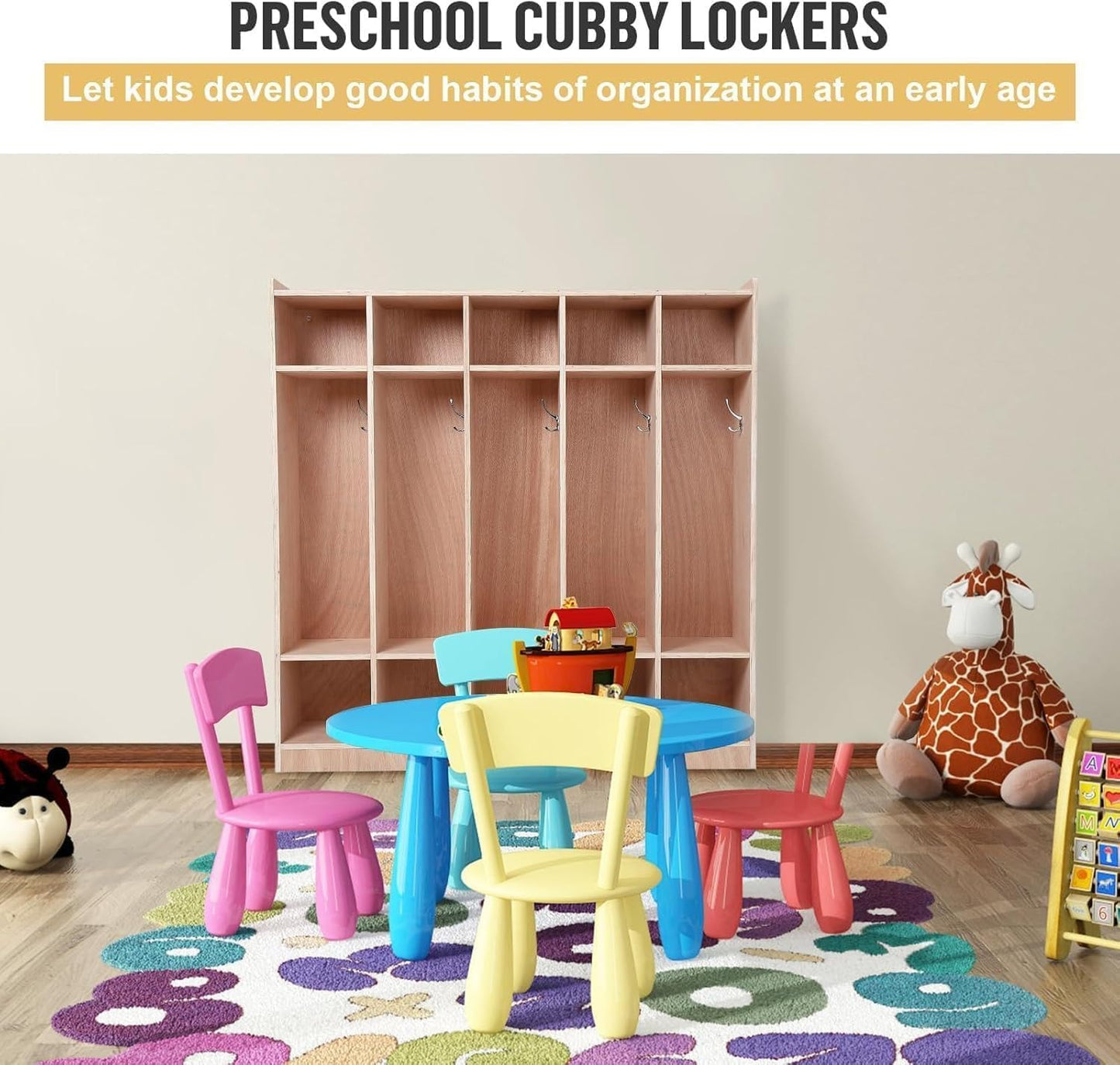 5-Section School Coat Locker, Glazed Classroom Cubbies with 4 Hidden Wheels and 2 Storage Boxes, Daycare Storage Cabinet for Home, School, Kindergarten, 5 Large Cubbies with Hooks & 10 Small Cubbies
