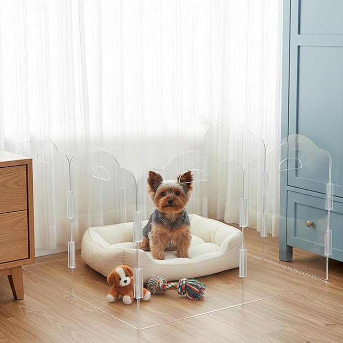 Transparent Acrylic Dog Gate Indoor, Free-Standing Pet Gate, 16" Height (Size S) Foldable 12 Modular Panels, Dog Fence for Doorways, Hallways, Stairs, No Drilling, Perfect for Puppies and Small Pets