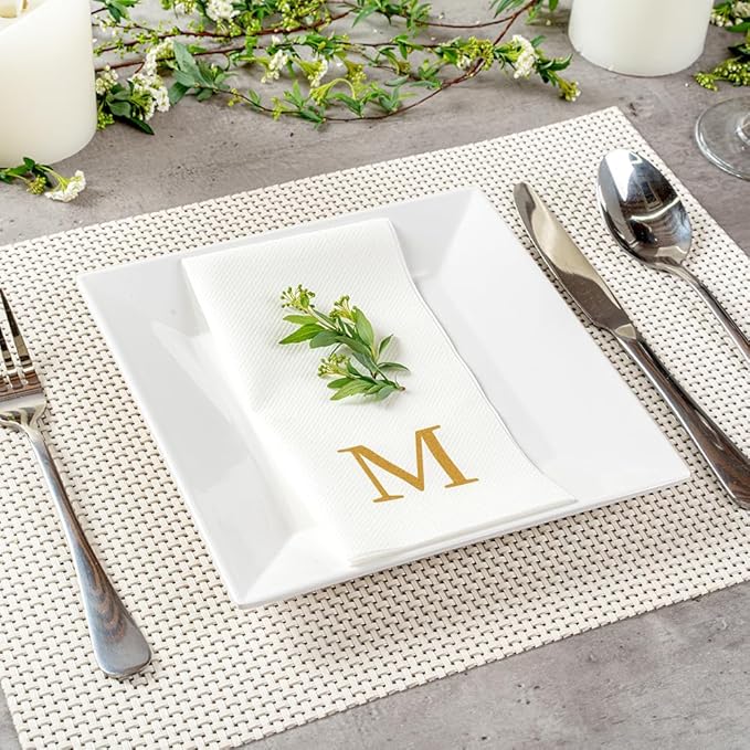 Restaurantware Napkins Pack of 300 Gold Letter M Linen-Feel Paper Disposable