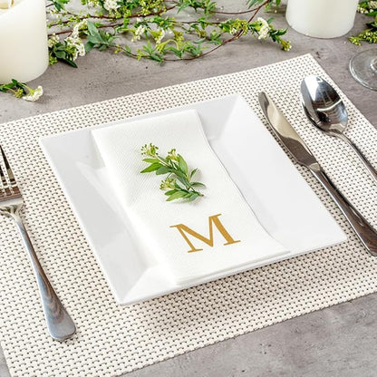 Restaurantware Napkins Pack of 300 Gold Letter M Linen-Feel Paper Disposable