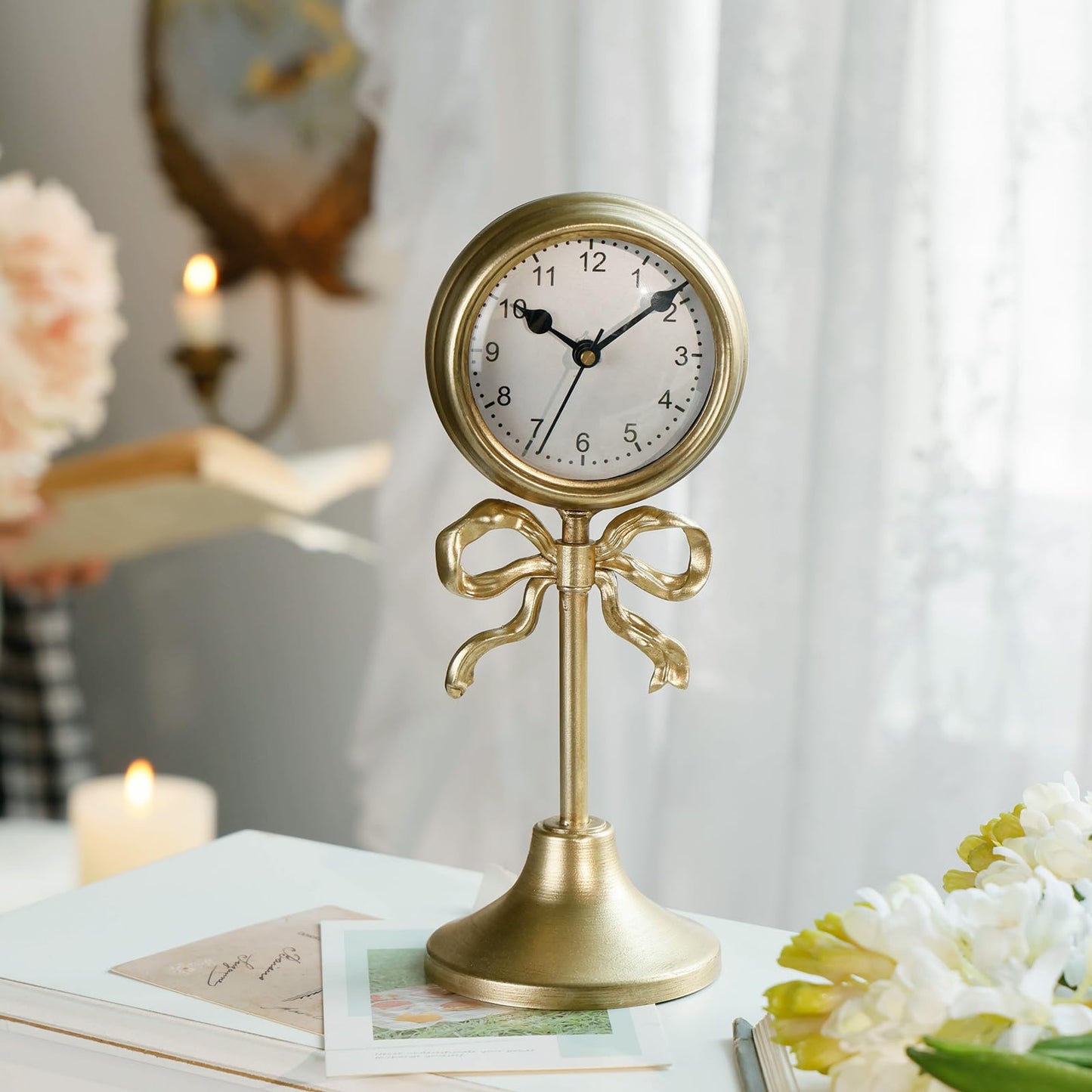 NIKKY HOME Small Gold Bow Table Clock, Silent Elegant Mantel Decor