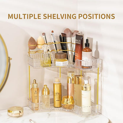 NATURE'S SOURCE Makeup Organizer for Vanity, 2-Tier Corner Bathroom Organizer Countertop with Makeup Brush Holder, Corner Counter Storage for Bathroom Dresser-Clear