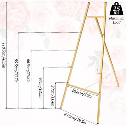 Meyeyaia 43'' Gold Easel Stand for Sign, Metal Heavy Duty Easel Display Stand, 4-Tier Adjustable Art Easels for Wedding Sign, Painting, Floor Décor, Posters, Pictures, Posters, Commercial Display