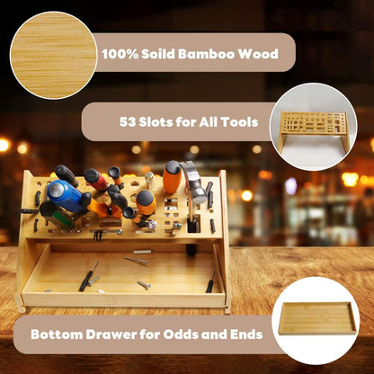 CIYRULL Screwdriver Organizer Desktop Screwdriver Holder 53 Slots Workbench Rack Stand Bamboo Tool Storage Organizer for Hammer Allen Wrench
