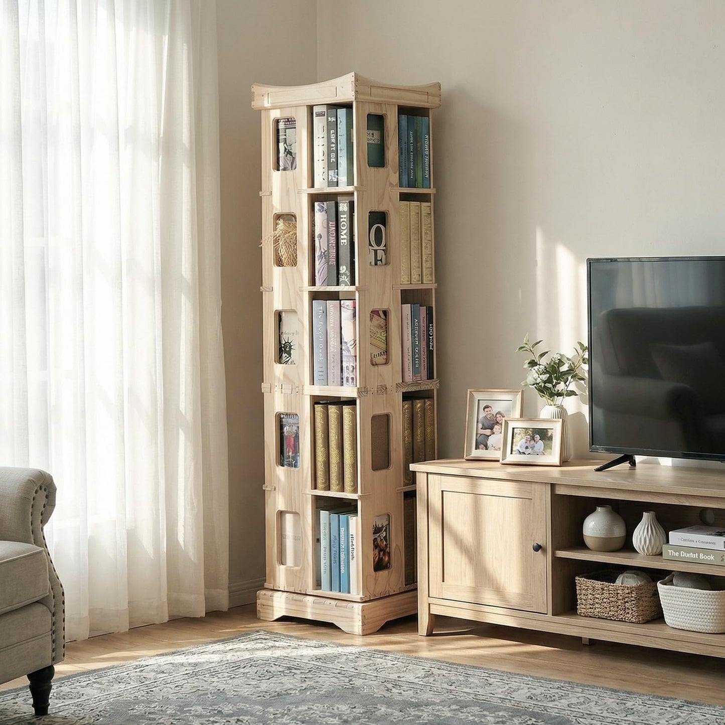 unununu Wooden Rotating Bookshelf, Larger Solid Wood Revolving Bookcase,360°Spinning Book Shelf Tower,Floor Standing Storage Rack,Corner Organizer for Small Space,Study,Office,17"x17"x69.75"(5-Tier)