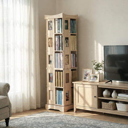 unununu Wooden Rotating Bookshelf, Larger Solid Wood Revolving Bookcase,360°Spinning Book Shelf Tower,Floor Standing Storage Rack,Corner Organizer for Small Space,Study,Office,17"x17"x69.75"(5-Tier)