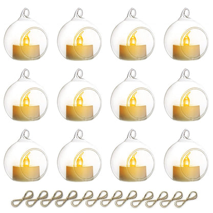NUPTIO Hanging Glass Globe with Candles: Set of 12 Tealight Candle Holders with LED Tea Lights - 2.36 inch Bulk Clear Votive Candleholders for Party Wedding Birthday Shower Celebration Tree Decoration