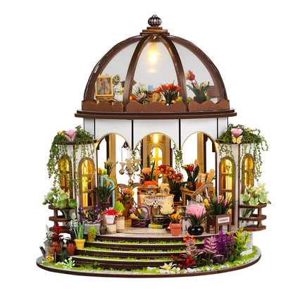 Hanging Garden Miniature House Kit, Wooden Dollhouse with LED & Furniture