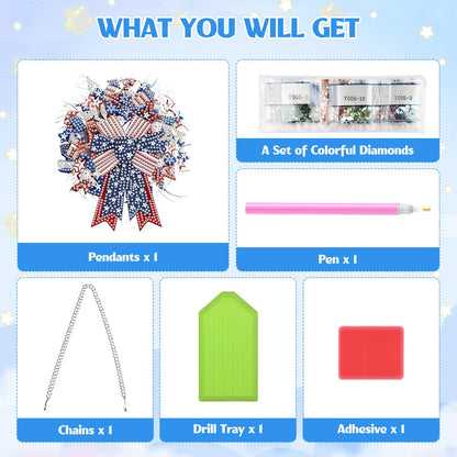 GHHKUD Diamond Art Hanging Patriotic Wreath Bows Kits for Adults, DIY 5D Diamond Art Craft Painting 4th of July Independence Day, Special Shaped Acrylic Pendants for Window Home Garden