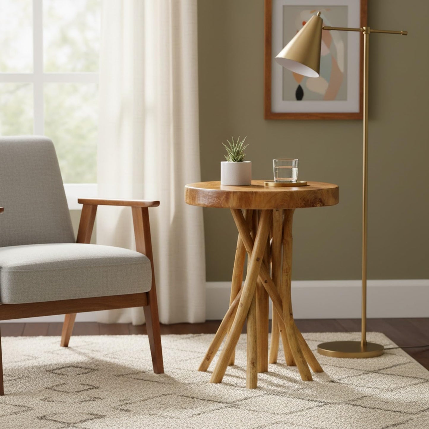 WELLAND Teak Wood Stick Leg End Table, 16" L x 16" W x 20" H Rustic Side Table, Small Accent Table, Plant Stand for Living Room, Bedroom, Home Office